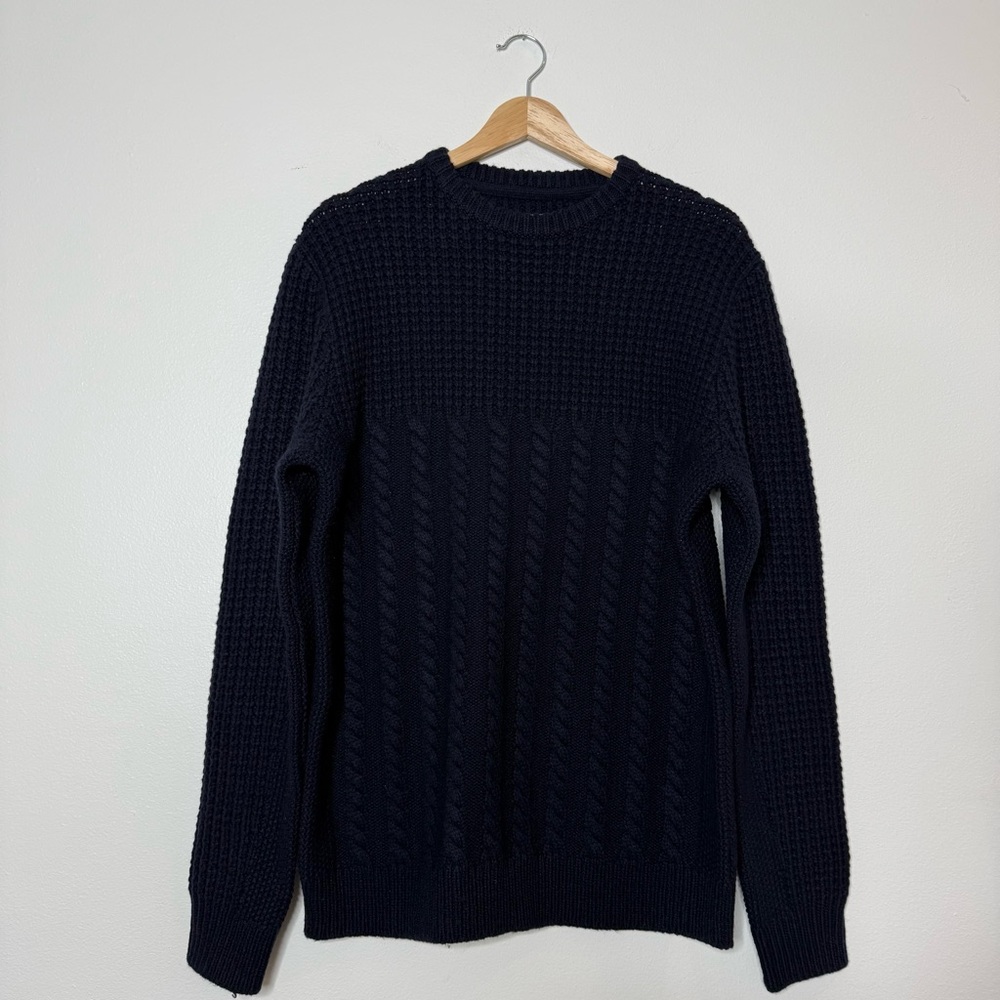 Boden Mens Cable Knit Wool Blend Navy Crewneck Sweater size medium